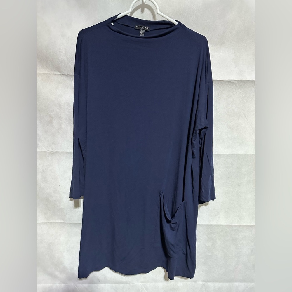 Eileen Fisher Women's 1X Navy Blue Viscose Jersey Funnel Neck Pocket Tunic EUC!